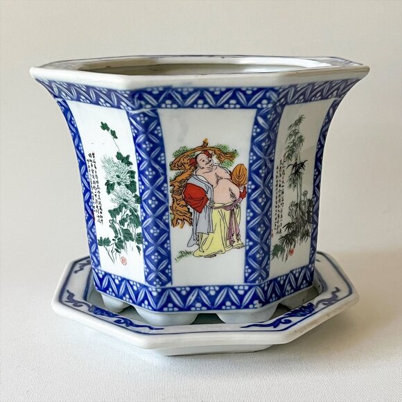 Vintage Chinese Immortals Flowers Poems Octagon Flowerpot w/ Saucer Blue & White - Picture 3 of 15